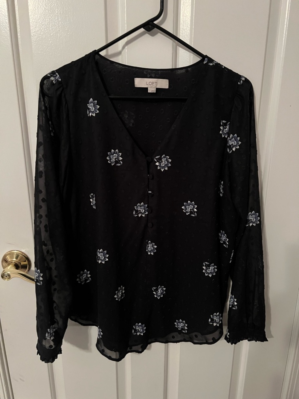LOFT Navy Blue Sheer Floral V-Neck Blouse M